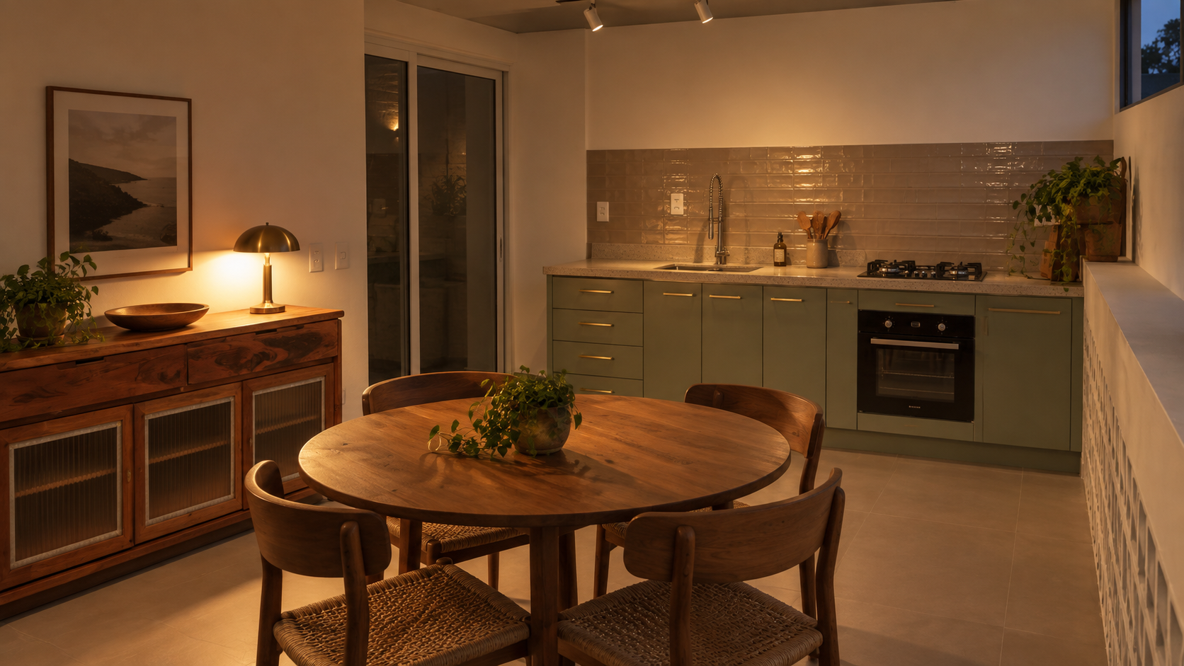 Sala de jantar integrada à cozinha com armários verdes, mesa de madeira e iluminação acolhedora