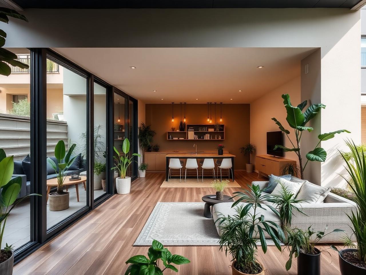 Sala integrada por portas de vidro a um jardim privativo